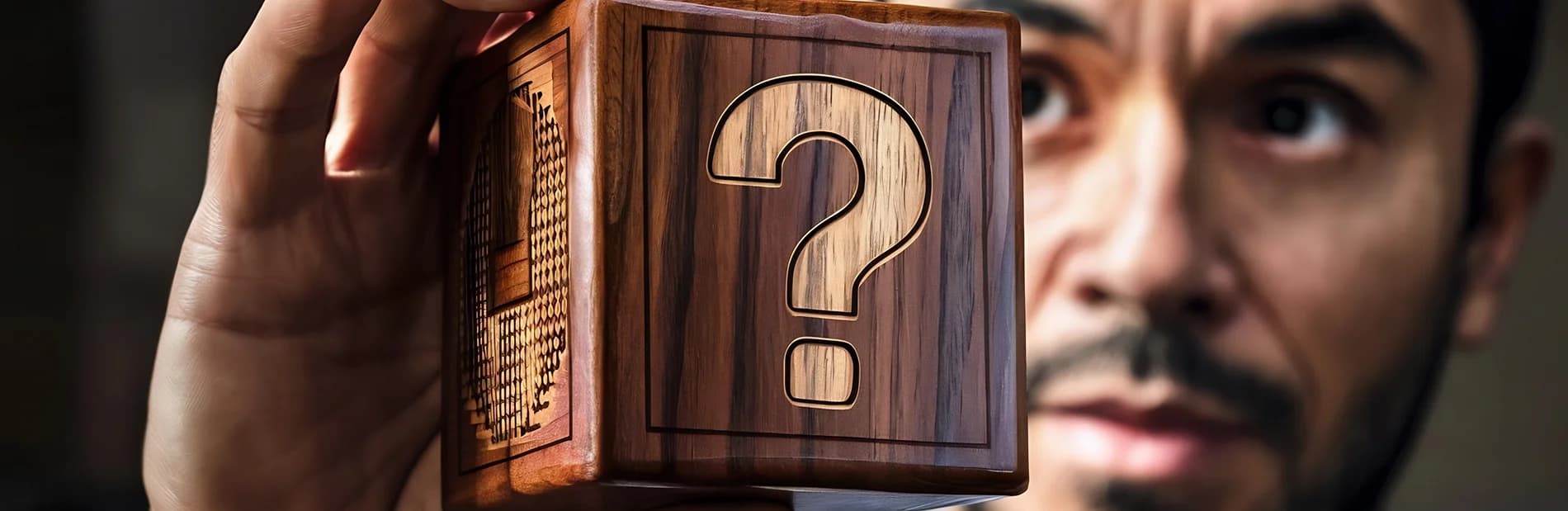Man holding a wooden question mark block